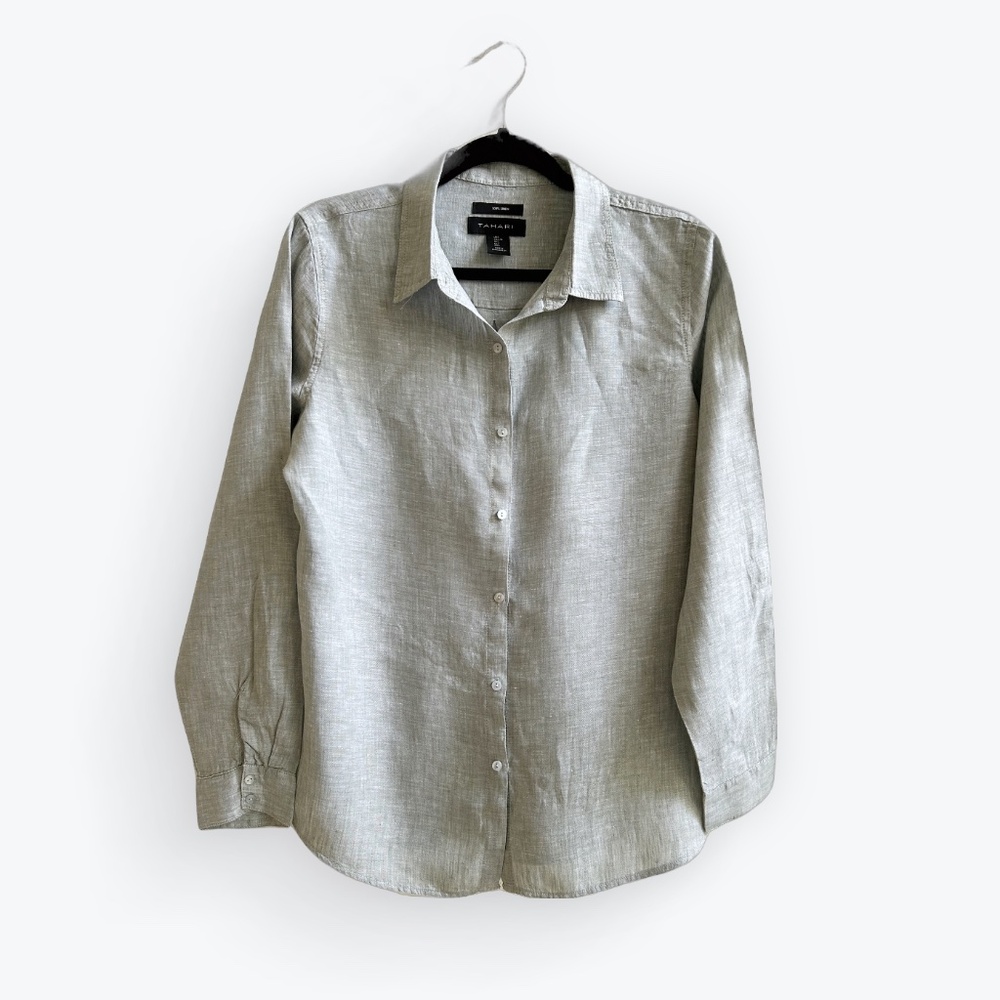 TAHARI 100% Linen Button Down Blouse Size Large Light Sage Green